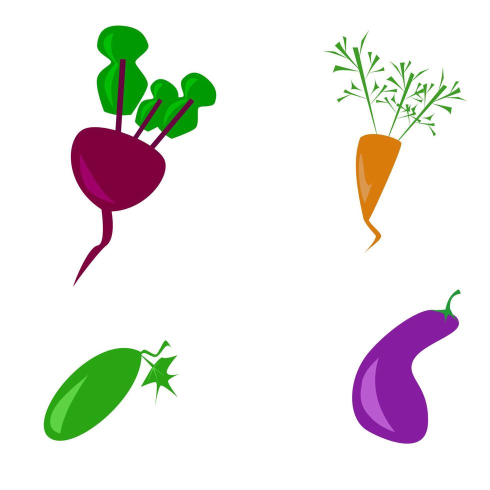 set of vegetables from simple shapes. Green cucumber, purple eggplant, red beetroot, and orange carrot vector illustration