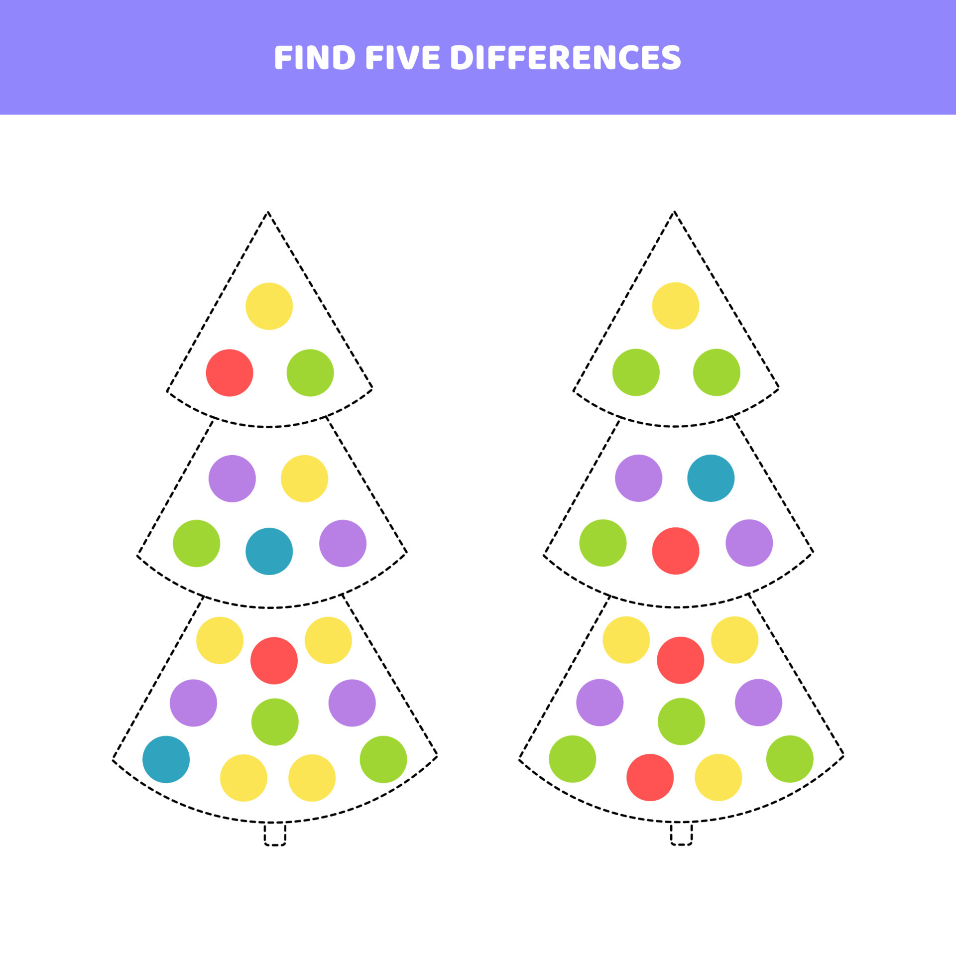 Find five differences between Christmas trees. 5456133 Vector Art at