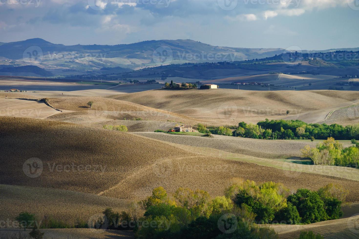 otoño en italia. colinas aradas amarillas de toscana con sombras y líneas interesantes foto