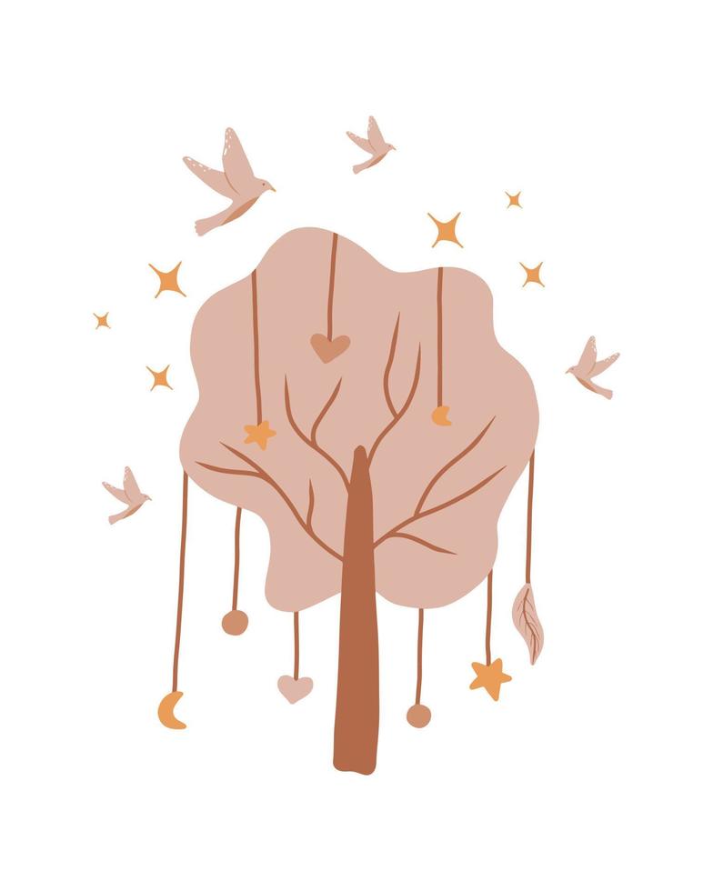 ilustración vectorial de árboles y pájaros en el cielo al estilo de los niños boho. decoración para guardería en estilo boho. cartel con lindo árbol. vector