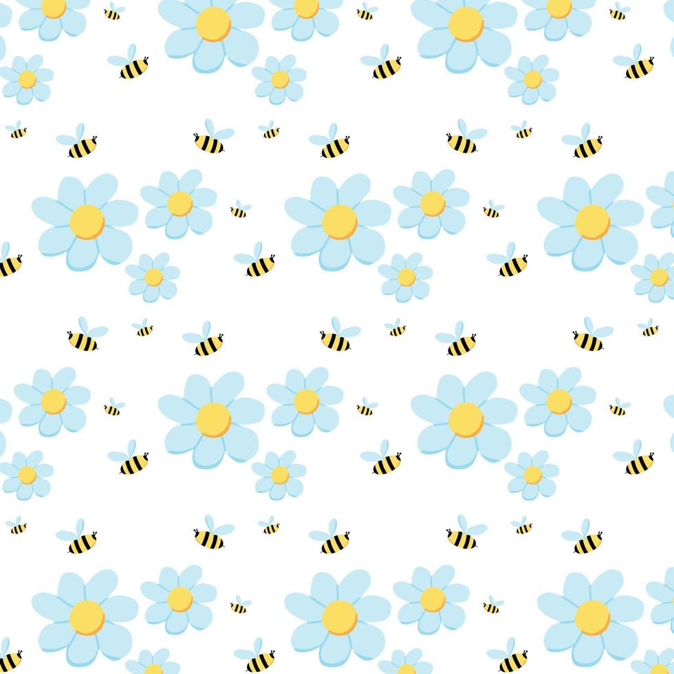 Hand-drawn seamless pattern with flowers and bees. Delicate pattern with daisies. vector