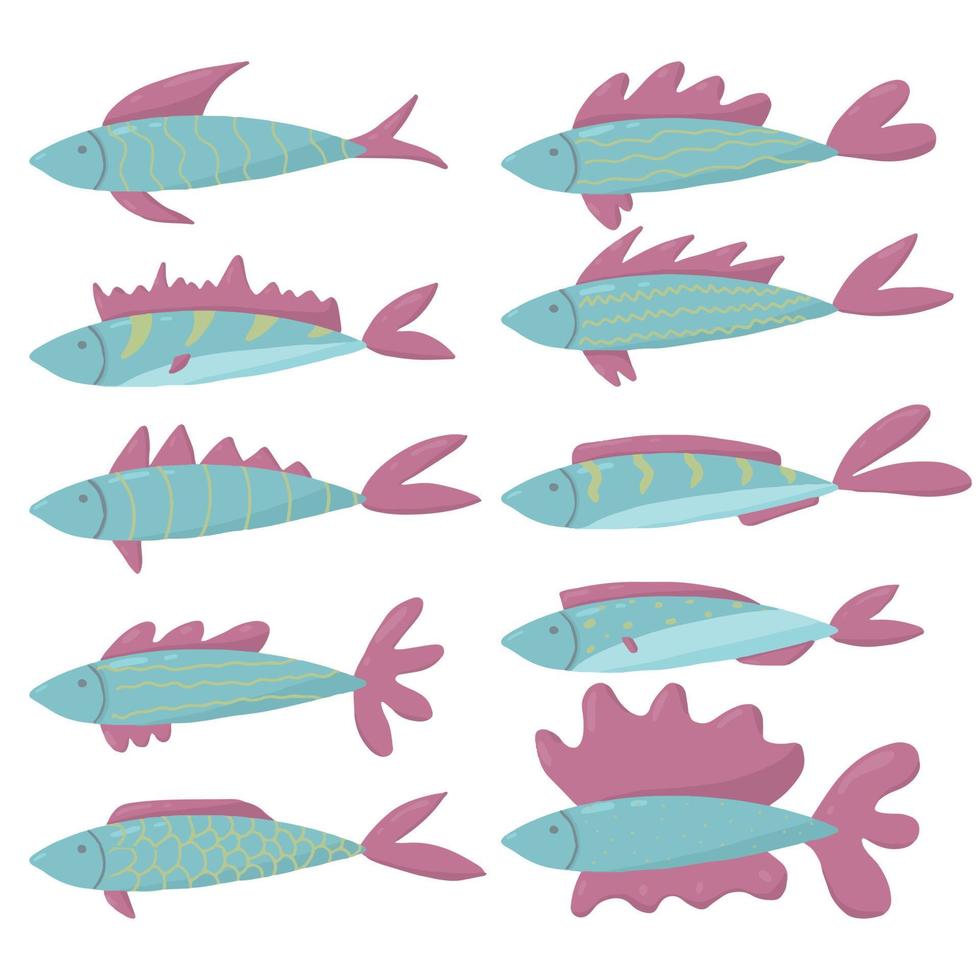 Hand-drawn set of fish. Cartoon baby fish. Set of fish for children posters. vector