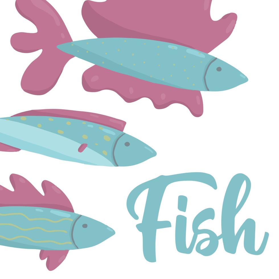 Childrens hand-drawn poster with cute slaves. Background with fishes and an inscription. The illustration is suitable for postcards, posters, banners, prints. vector