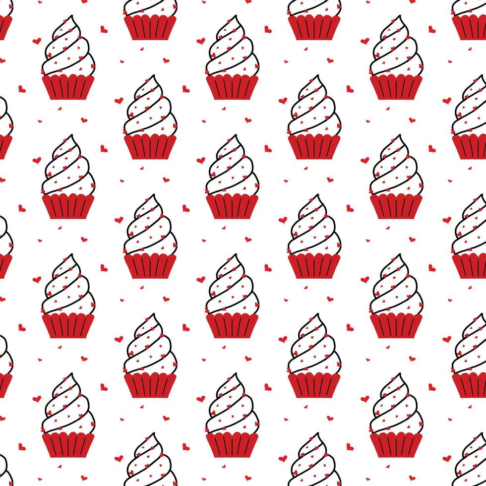 Vector pattern with cupcakes. Cute pattern with muffins for Valentine's day. Doodle style.