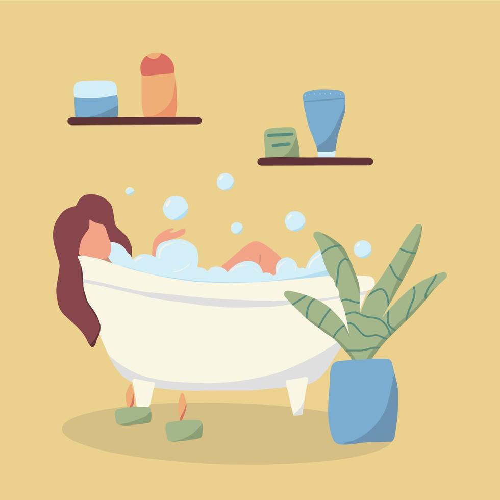 Hand-drawn illustration of a girl in the bathroom. A woman is resting in bathtub with foam. vector