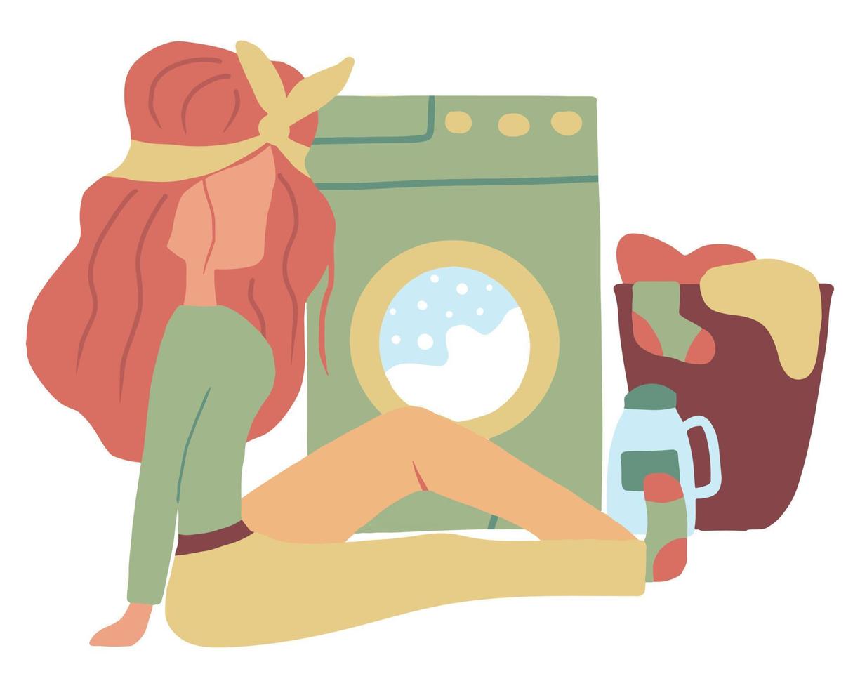 Vector hand-drawn illustration of a washing woman. Laundry concept. Housework concept. Home wash.