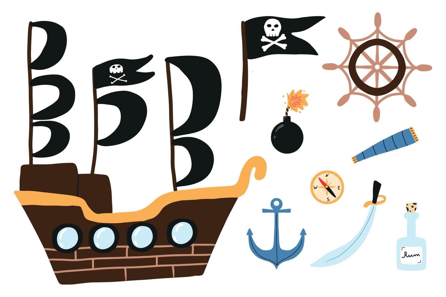 ilustración vectorial de accesorios piratas. conjunto vectorial de