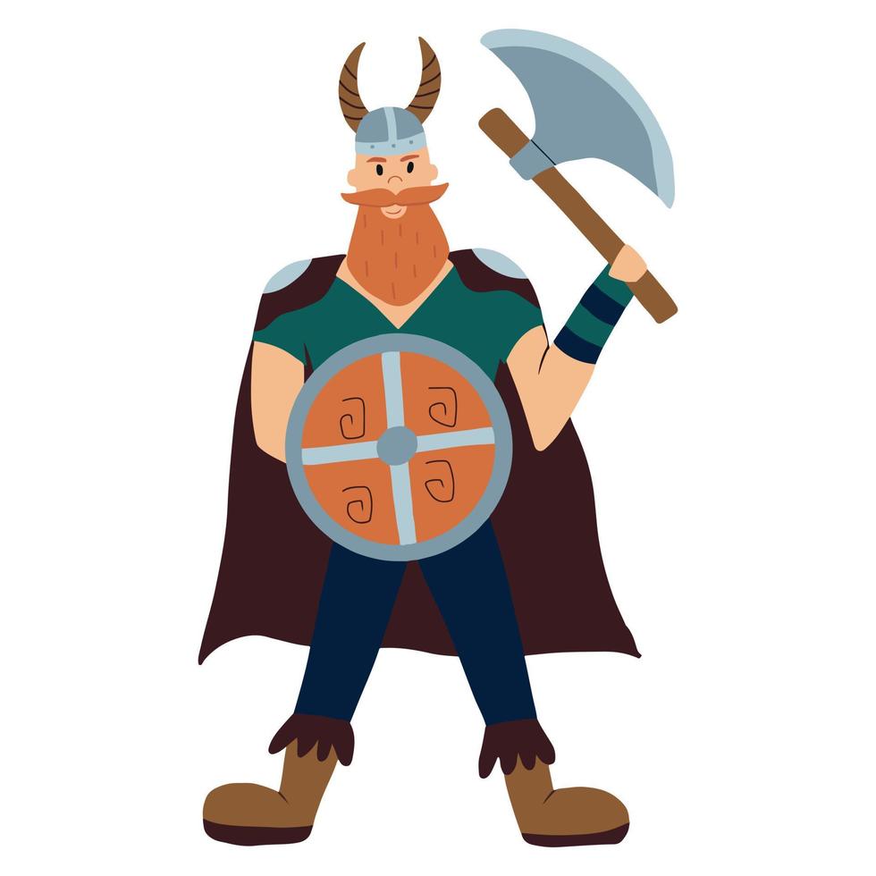 ilustración vectorial del hombre vikingo. vikingo con un hacha en la mano y escudo. aislado sobre fondo blanco. vector