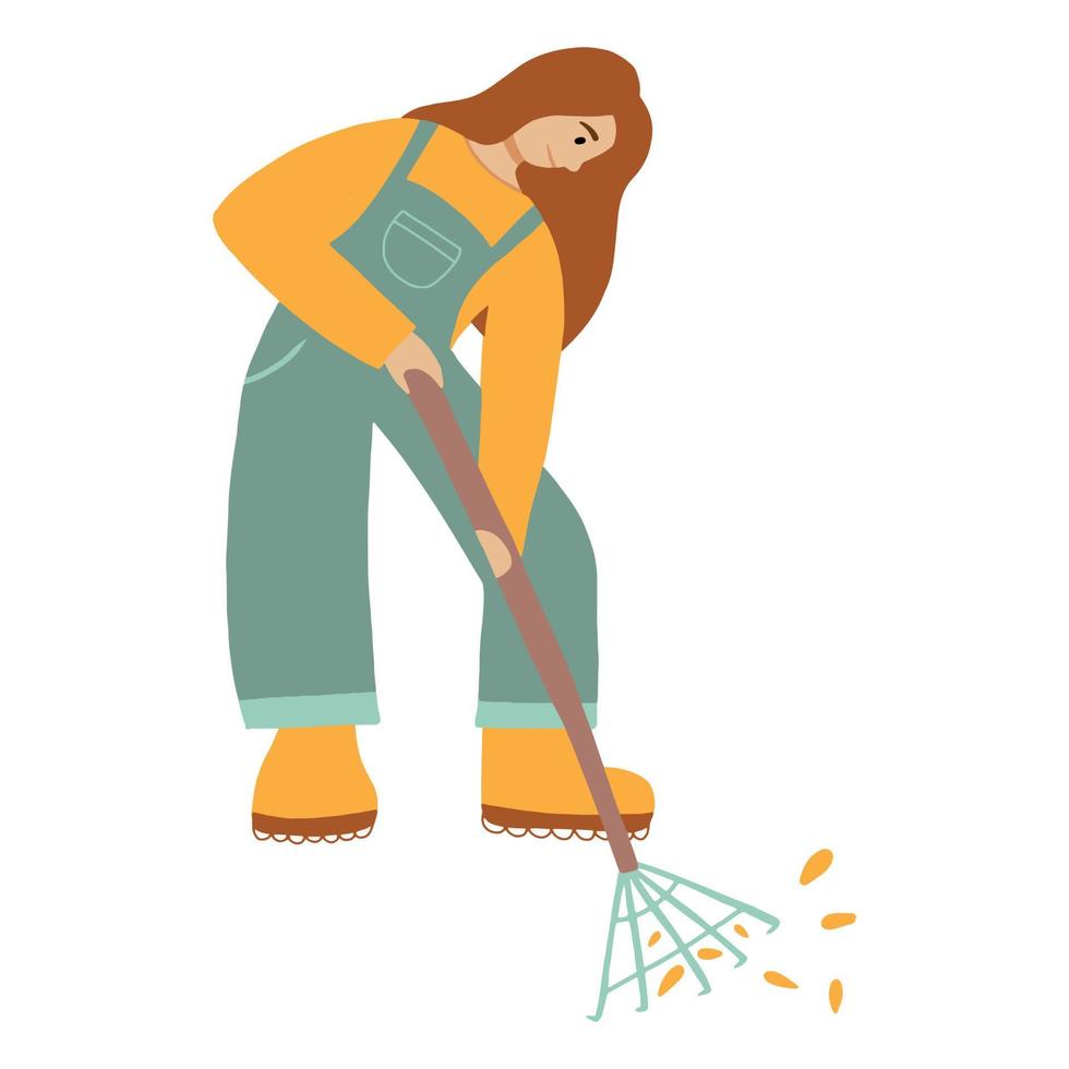 Vector illustration of a girl who collects leaves with a rake. Concept of gardening.