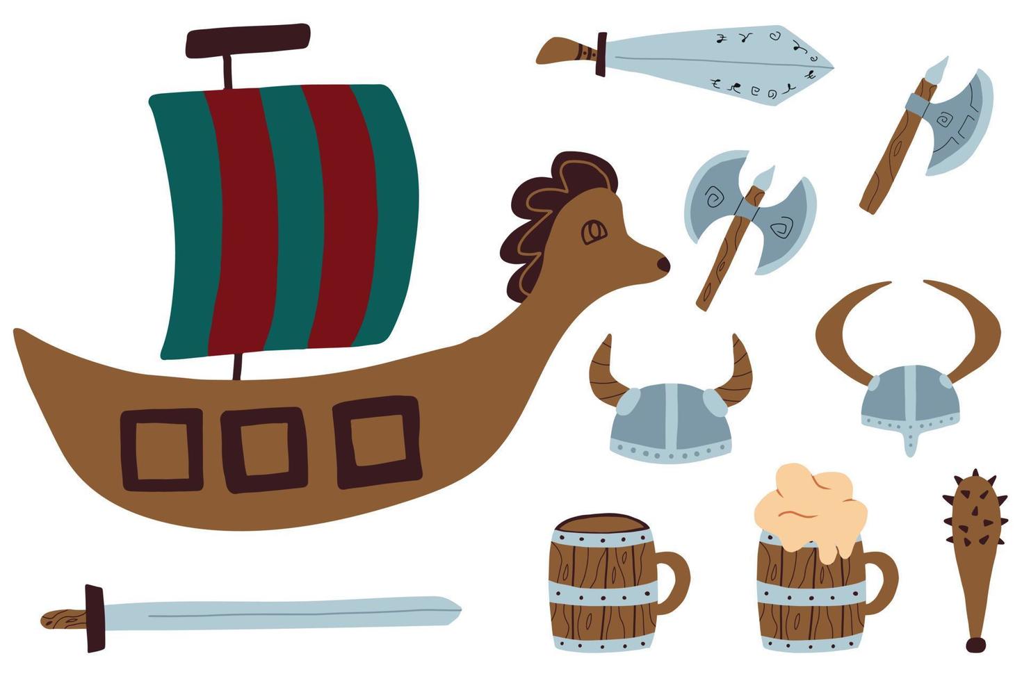 conjunto vectorial de accesorios vikingos. ilustración vectorial de objetos vikingos. hachas, espadas, barco. vector