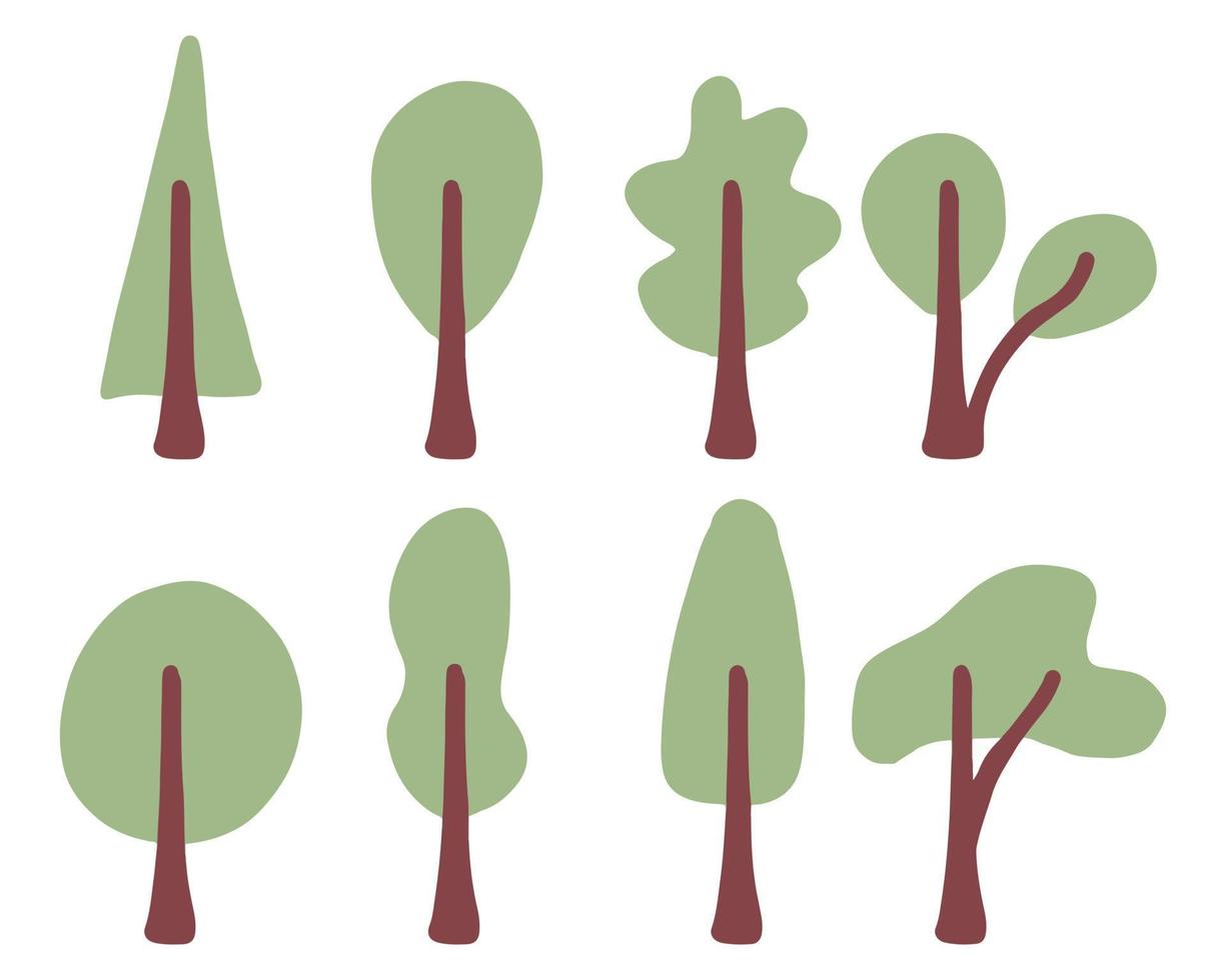 conjunto dibujado a mano de iconos de árbol. simples siluetas de árboles dibujadas a mano. vector