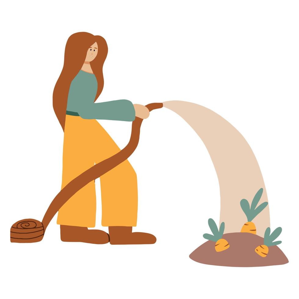 Vector illustration of a girl with a hose in her hands. A cute girl is watering the plants. Gardening concept.