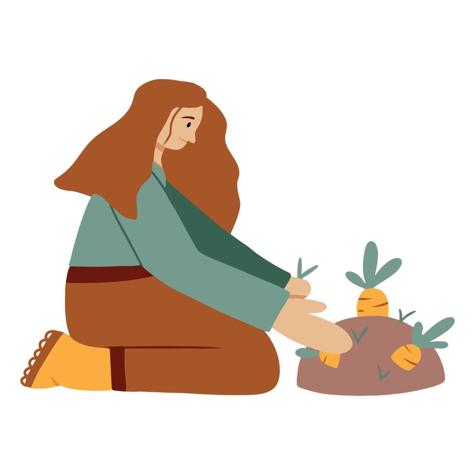 Vector illustration of a girl who takes care of carrots. The girl removes the weeds. Gardening concept.