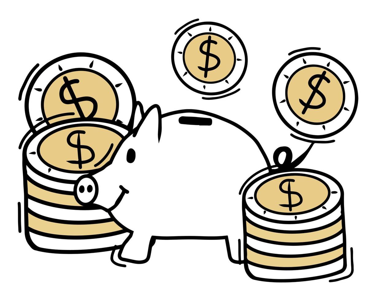 Hand-drawn piggy bank with gold coins. Money accumulation concept. vector