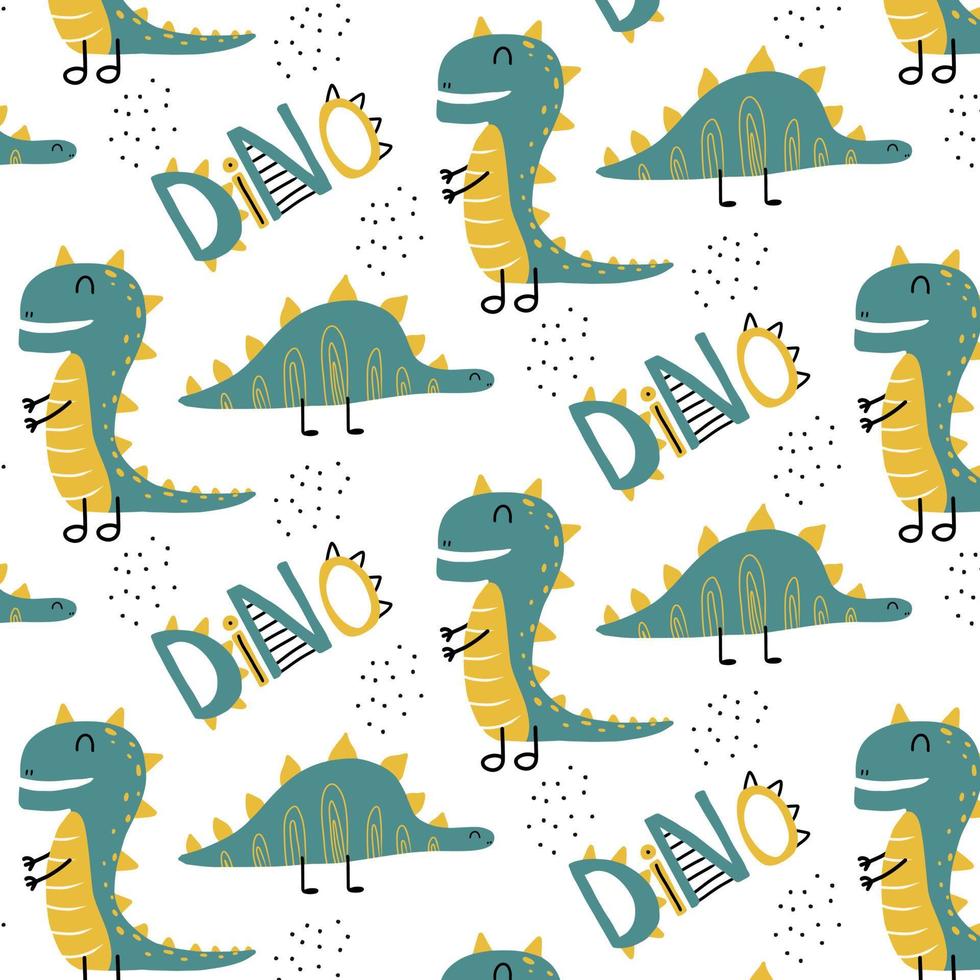 Childish pattern with green dinosaur and rainbow. Dino pattern in green-yellow colors. Suitable for fabrics, wrapping paper, prints. vector
