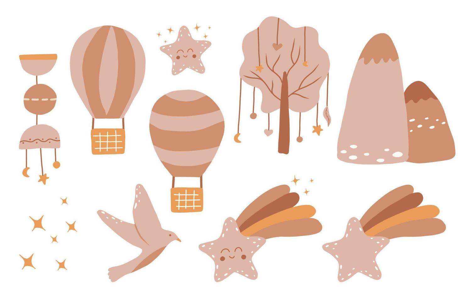 Vector set of objects in childish boho style. Decoration for nursery in boho style. Set of balloons, stars, mountains, trees.