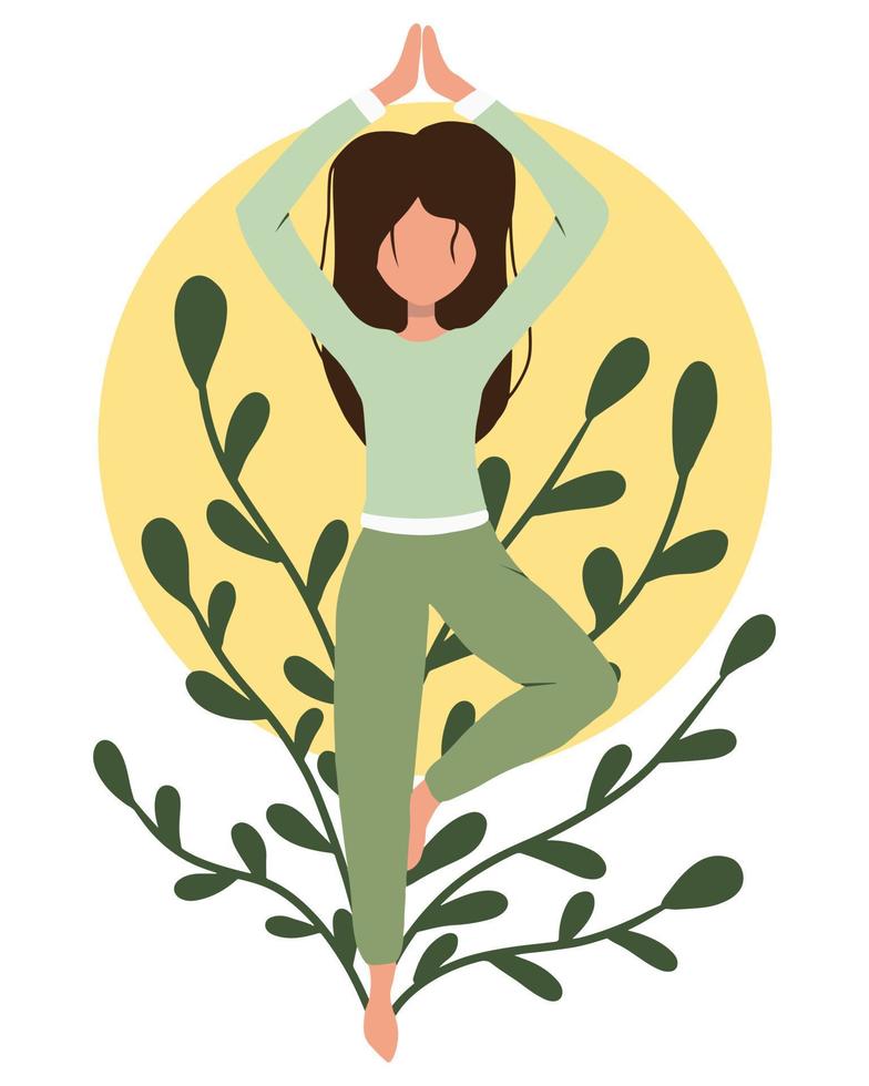 la mujer está sentada en posición de loto. hago yoga. mujer joven en pose de yoga haciendo meditación, práctica de atención plena, disciplina espiritual en casa. vector