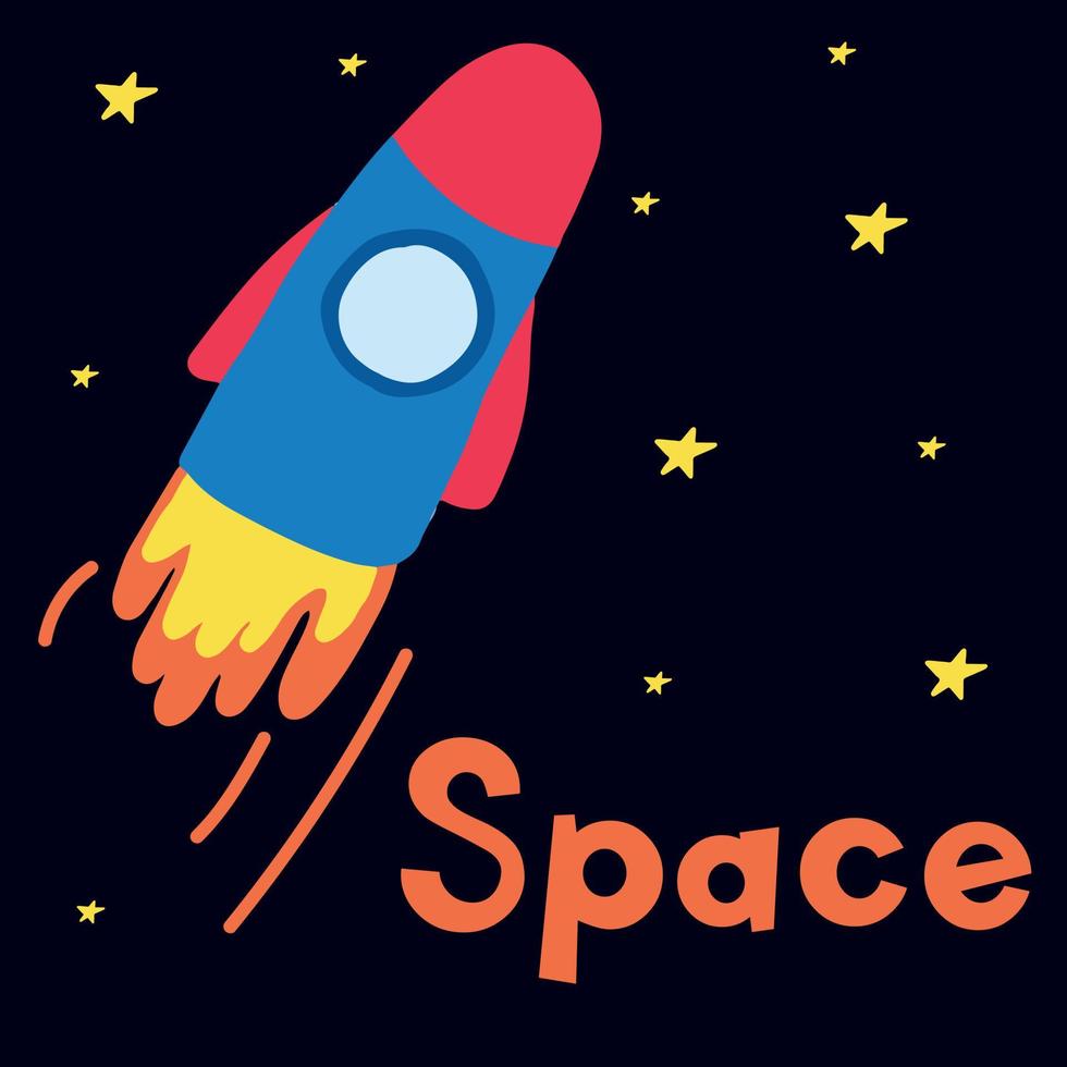Hand-drawn poster with a flying rocket. Space concept. Illustration is suitable for banners, posters, prints, postcards. vector