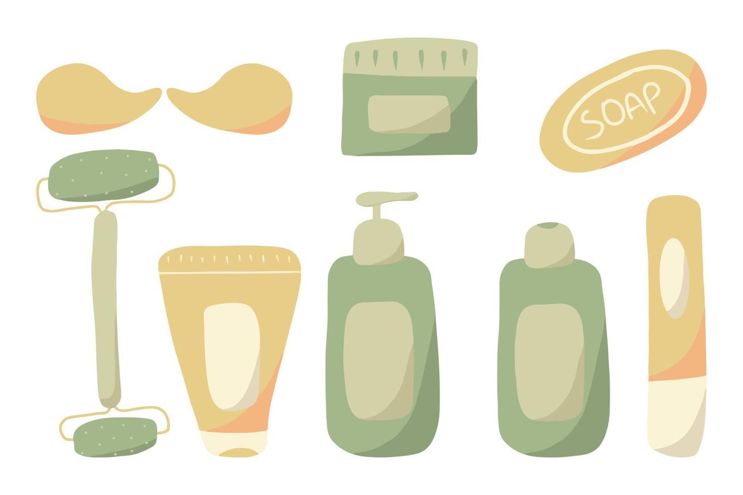 Hand-drawn set for spa at home. A set of cream, shampoo, soap and more for spa at home. Hygiene kit. vector