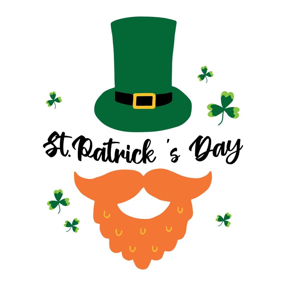 Vector greeting card for St. Patrick's day. Cute illustration of green hat, red beard and clover. St.Patrick 's Day.