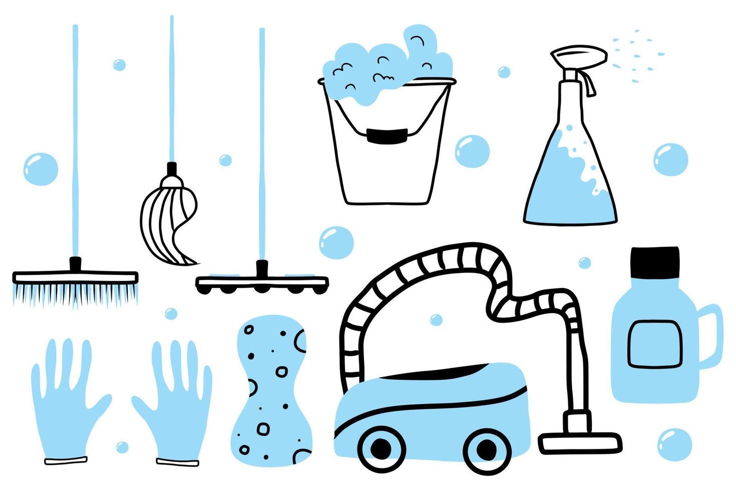 Hand-drawn set of equipment for cleaning the house. Signet, bucket, mop, vacuum cleaner for cleaning. vector