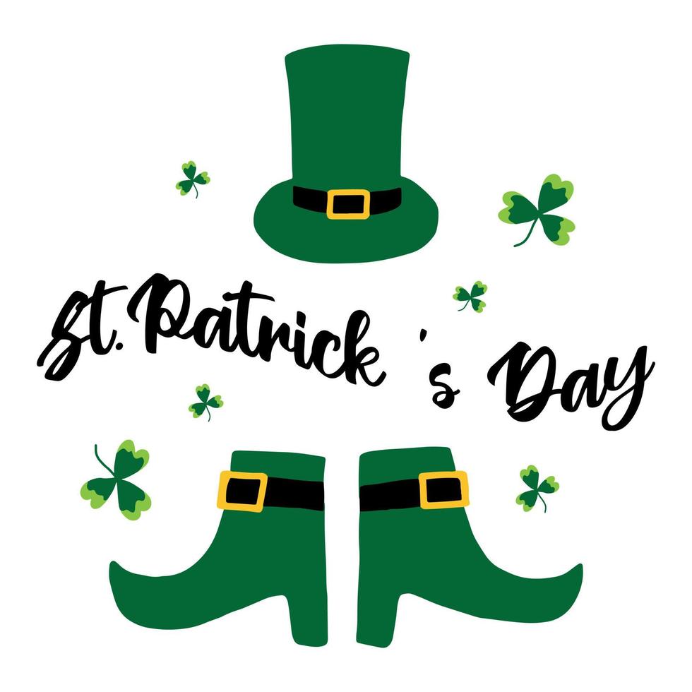 Vector greeting card for St. Patrick's day. Cute illustration of green hat, red boots and clover. St.Patrick 's Day.