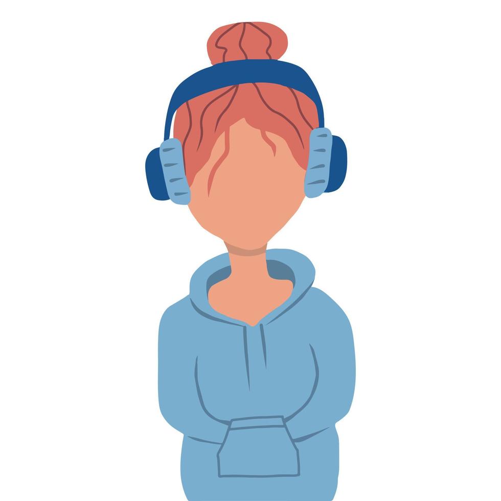 The girl listens to music with headphones. Melomaniac, music lover, fan. Woman enjoying songs in headset . vector