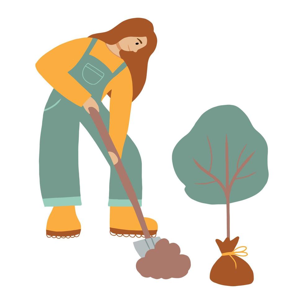 Vector illustration of woman who plants trees. Gardening and landscaping concept. The girl is digging the ground.