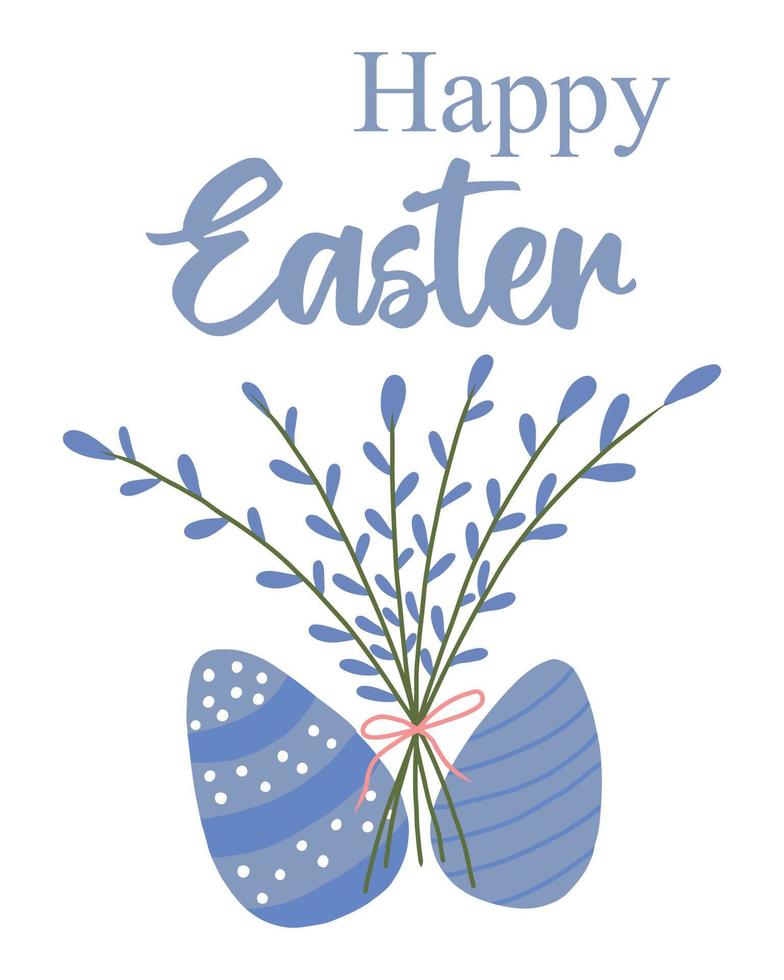 Easter card with eggs and willow. Vector cute postcard Happy Easter in gentle color.