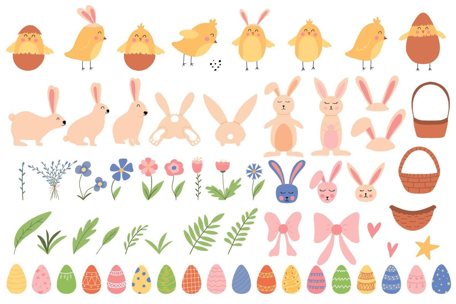 Vector Easter set. Set with Easter chickens, rabbits, eggs. Set for Easter .Cute illustration for creating posters, postcards, patterns for Easter.