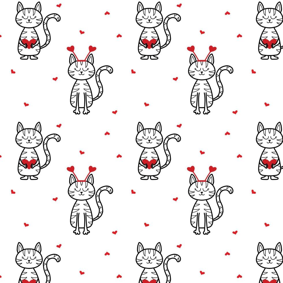 Vector pattern with cats in love. Cute children's pattern for Valentine's Day. Pattern with cats hearts.