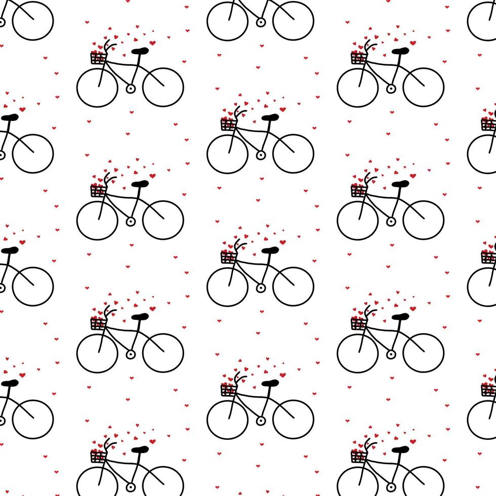 Vector pattern with a bicycle and a basket of hearts. Cute pattern for valentine's day. Doodle style. Minimalistic pattern.