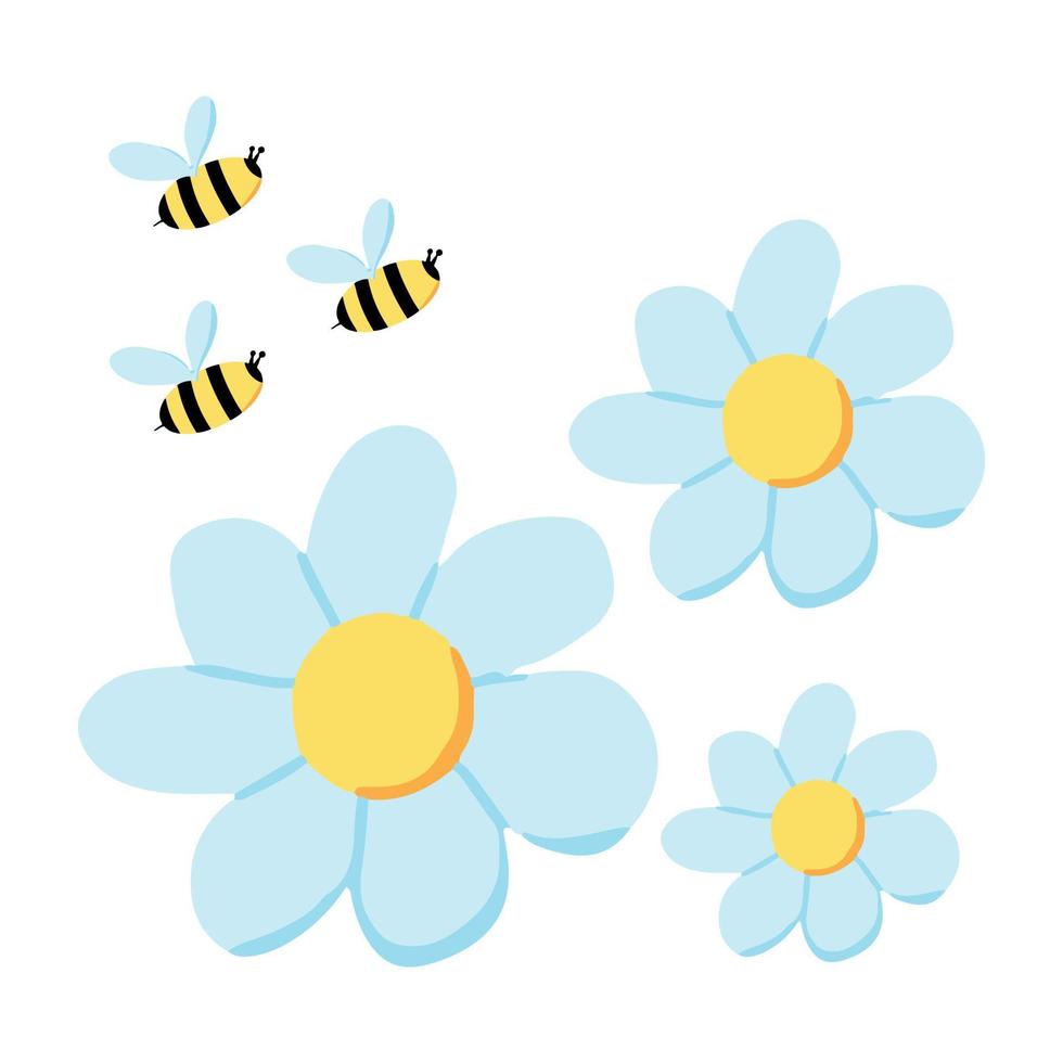 Hand-drawn illustration of a bee flying to flowers. vector