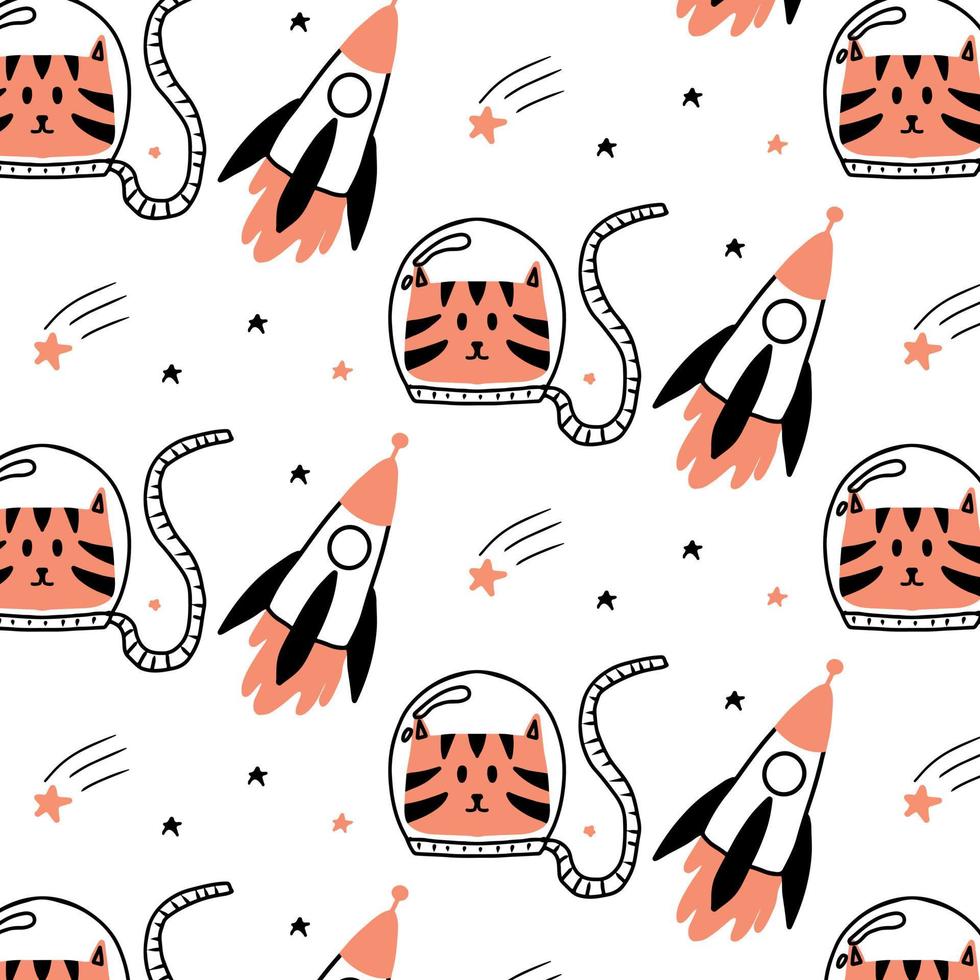 Childrens hand-drawn pattern with a cat astronaut and a rocket. Childrens space pattern. vector