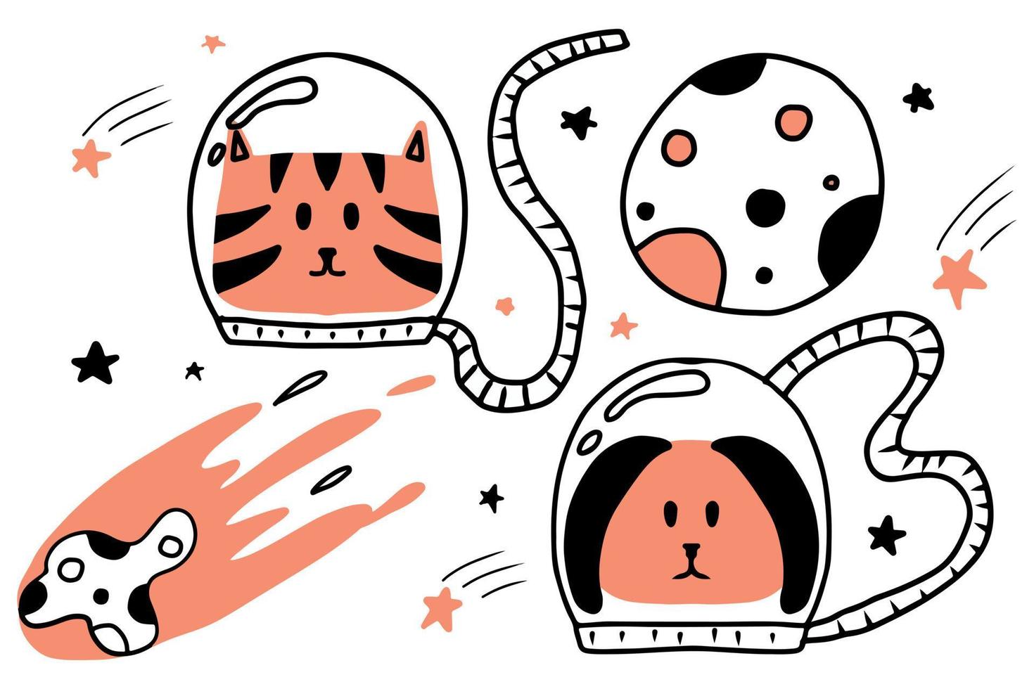 Vector childrens space set. Hand-drawn set of cat and dog astronaut in space.