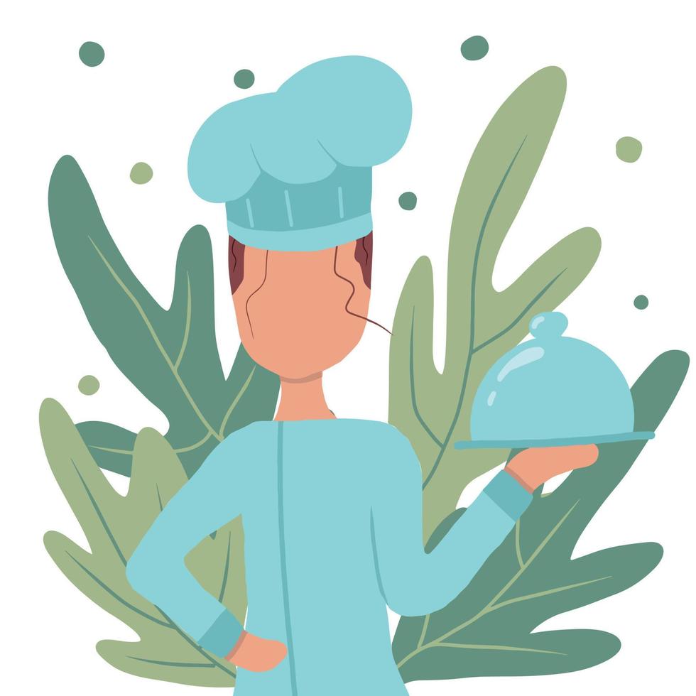 Vector hand drawn illustration of a girl chef. The girl chef holds a ready-made dish in her hand. The illustration is suitable for advertising banners.