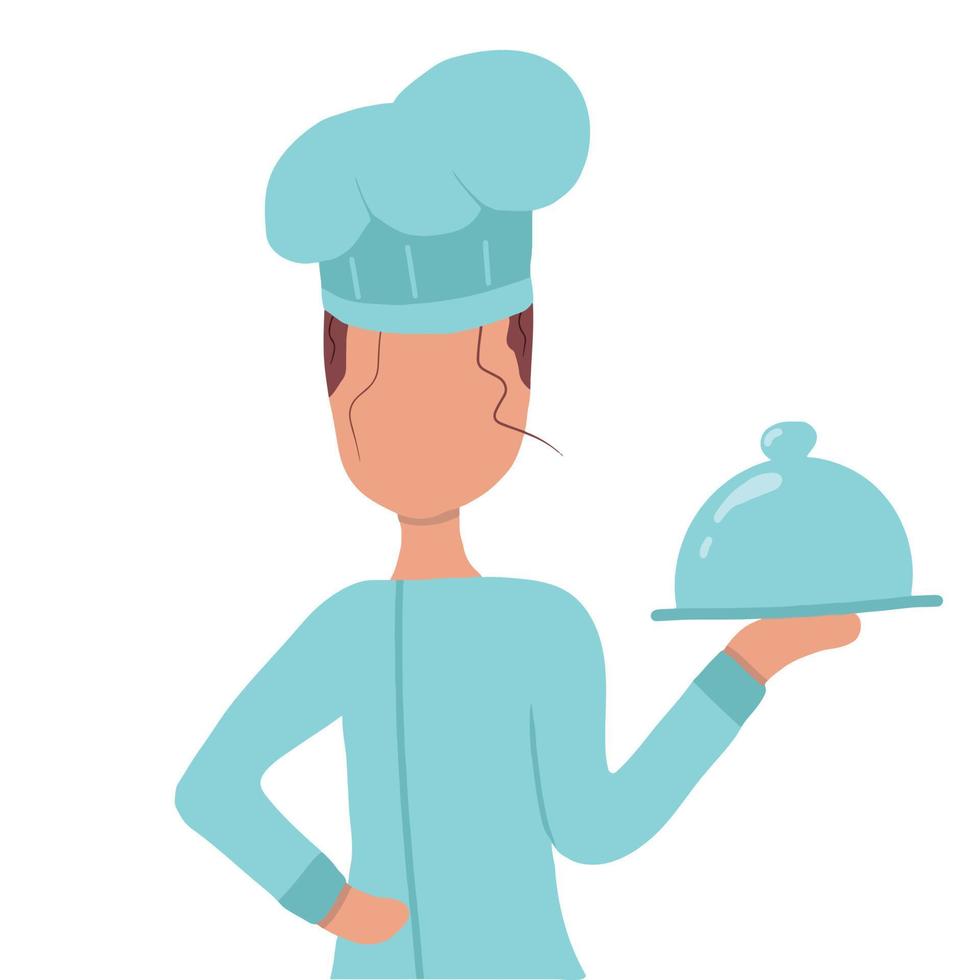 Vector hand drawn illustration of a girl chef. The girl chef holds a ready-made dish in her hand. The illustration is suitable for advertising banners.