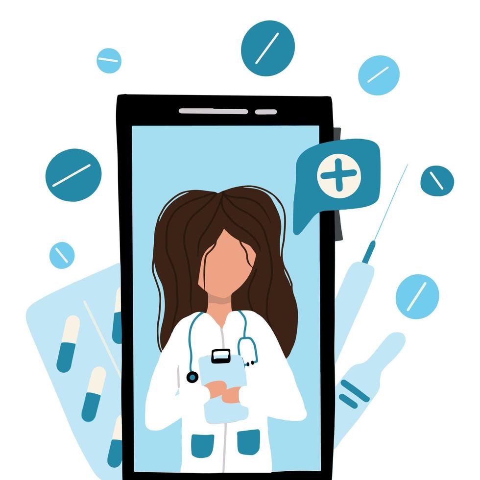 Hand-drawn concept of online doctor consultation. Medical diagnostics via the Internet.Personal doctor giving advice for patient landing page website . vector