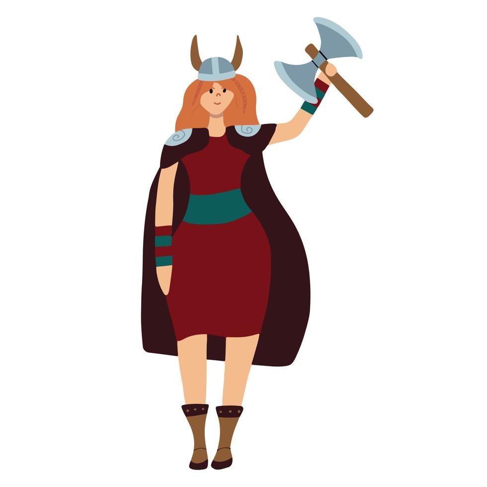 ilustración vectorial de mujer vikinga. vikingo con un hacha en la mano. aislado sobre fondo blanco. vector