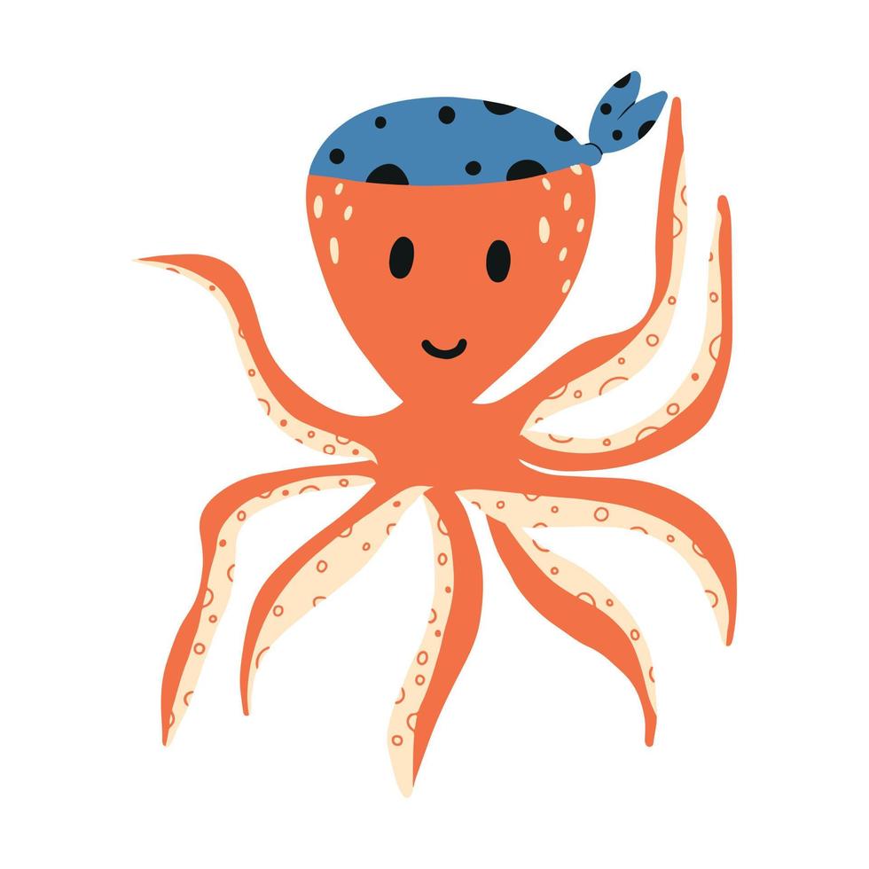 Vector illustration of cute pirate octopus. Pirate octopus in bandana.