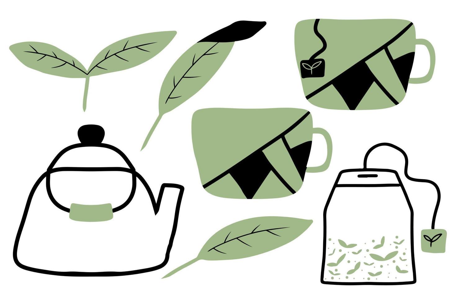 Vector hand drawn tea set. Tea icons set.