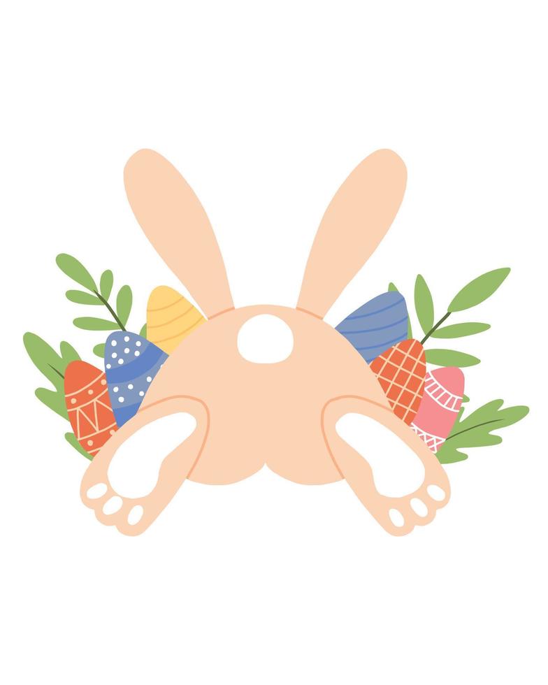 conejito de pascua con ilustración de vector de huevos. linda postal de pascua con un conejo. conejo con huevos, flores y hojas.