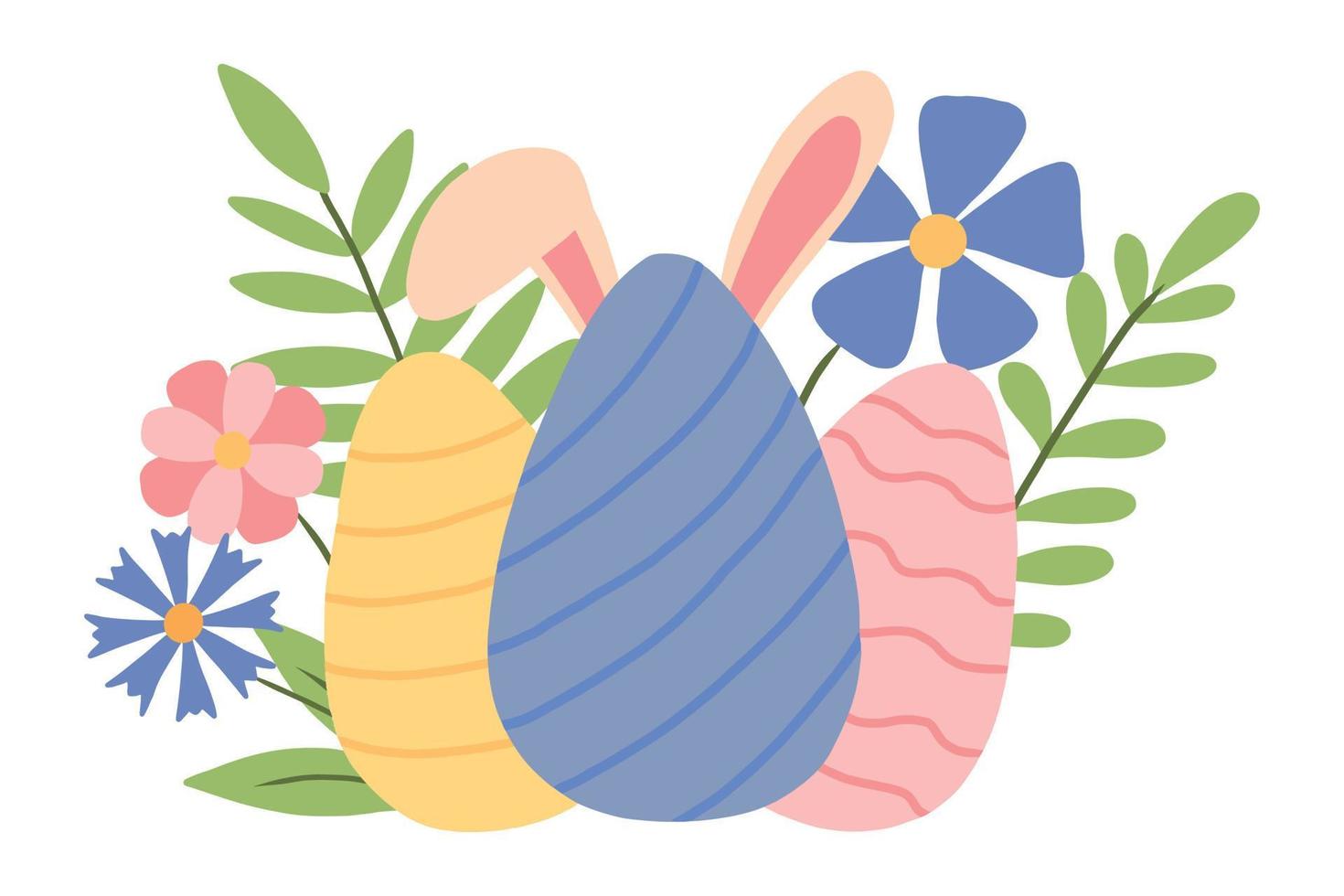 Vector illustration of Easter eggs and flowers. Rabbit ears stick out from behind Easter eggs. Postcard for Easter.
