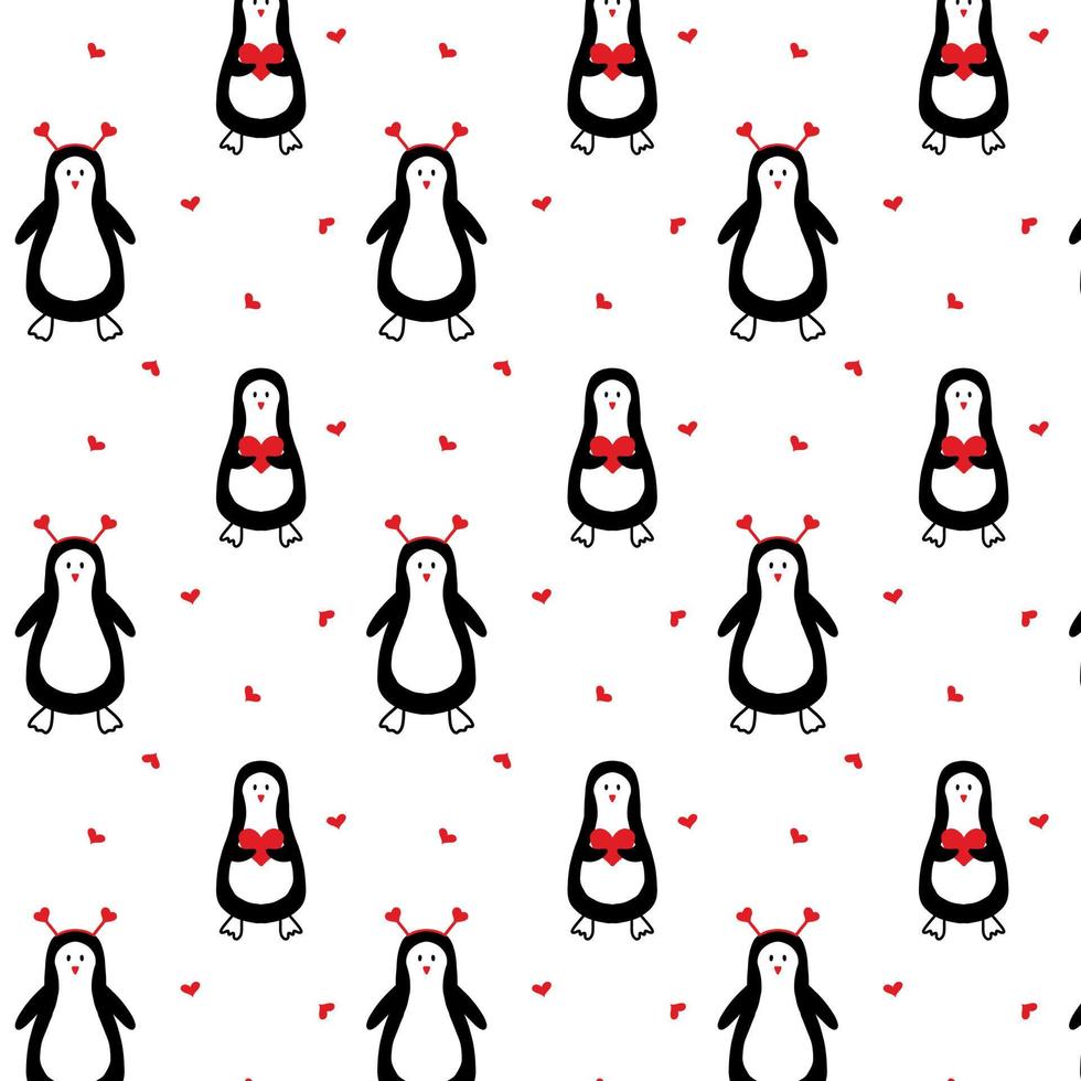 patrón vectorial con lindos pingüinos y corazones. lindo patrón infantil con pingüinos para el día de san valentín. estilo garabato. vector