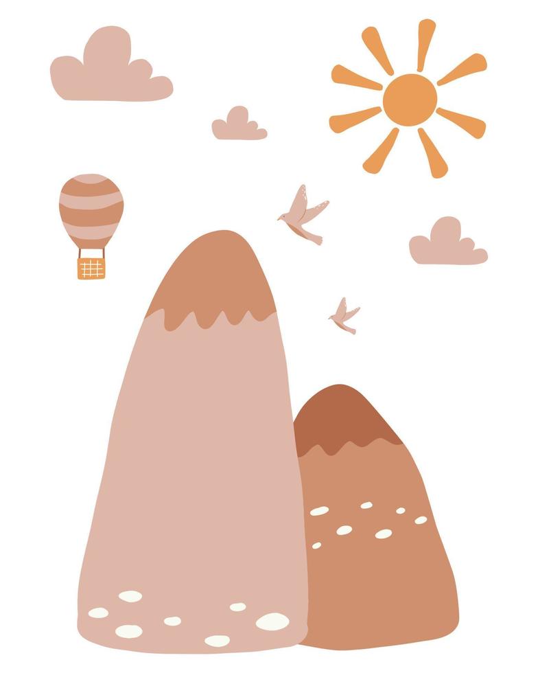 Vector illustration of a landscape with mountains.Poster with mountains and a balloon for the nursery. Boho style.