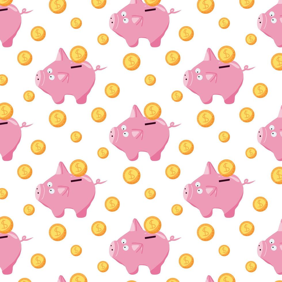 Hand-drawn pattern with piggy bank and coins. Pattern with cute pig piggy bank. vector