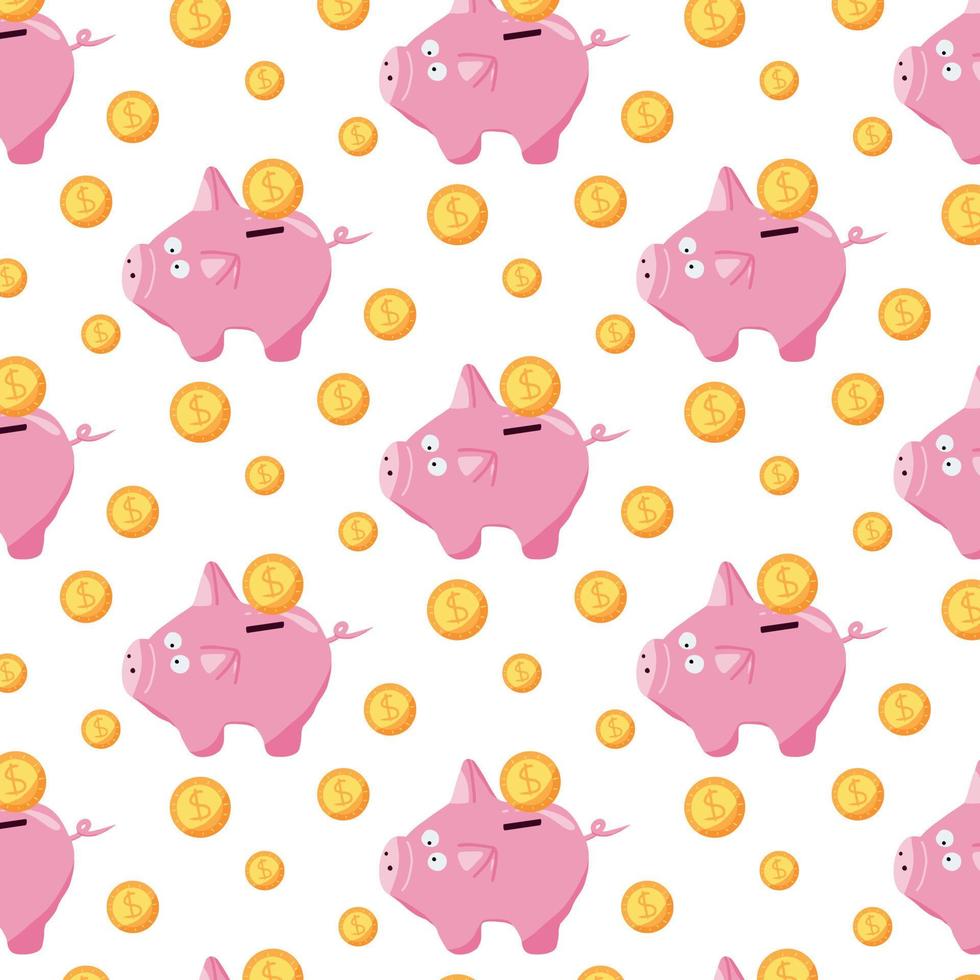 Hand-drawn pattern with piggy bank and coins. Pattern with cute pig piggy bank. vector