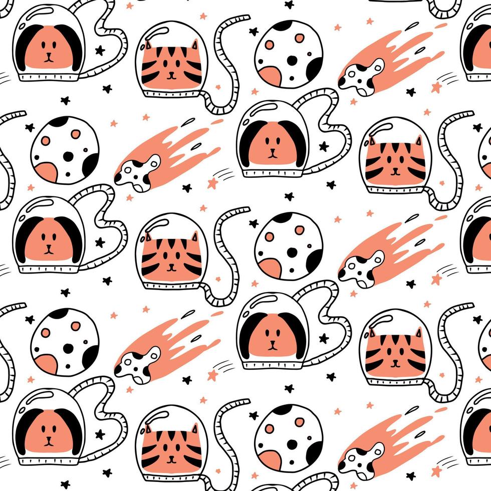Childish seamless pattern with cat and dog astronaut. Cosmic pattern. vector