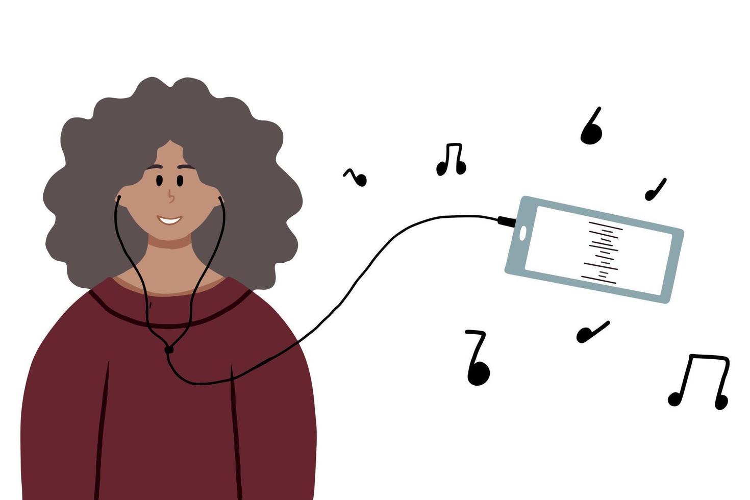 ilustración vectorial de una chica afroamericana escuchando música en el teléfono. linda chica escucha música con auriculares. vector