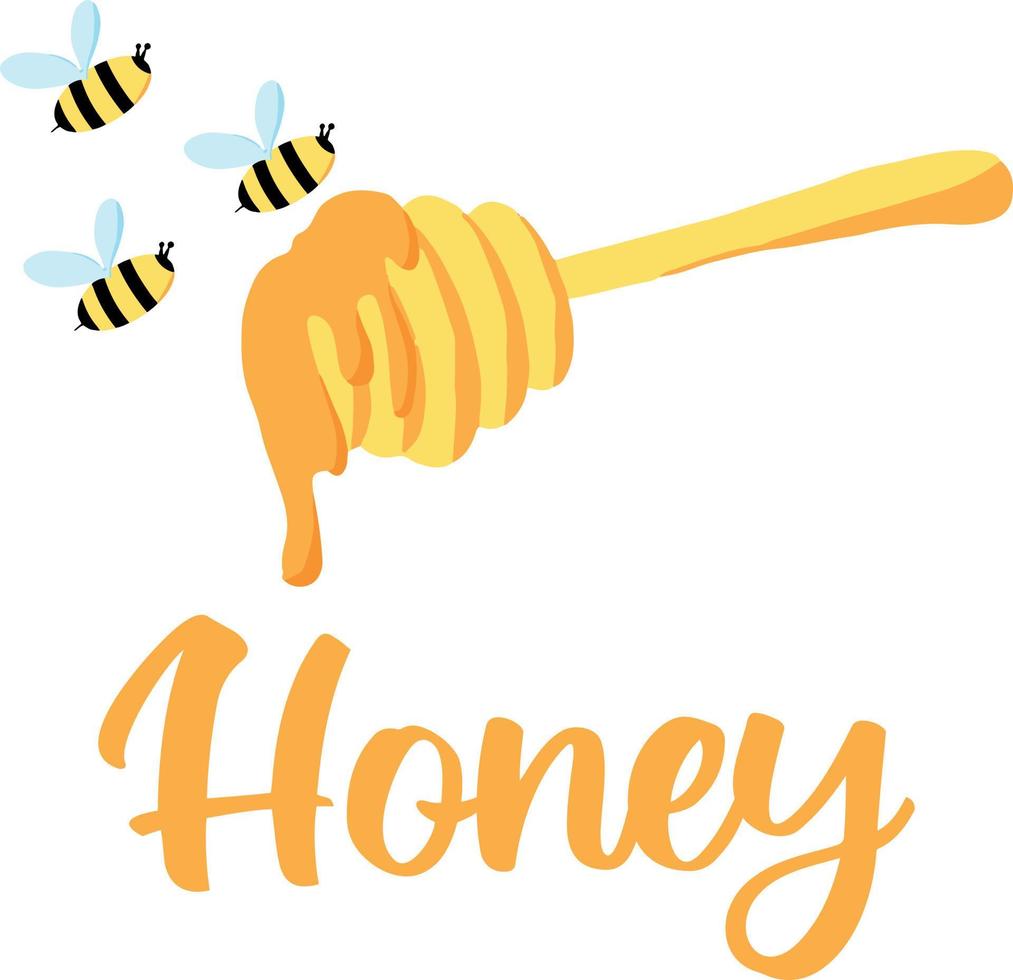 Hand drawn poster with honey spoon and bees. Postcard or poster for honey store. vector